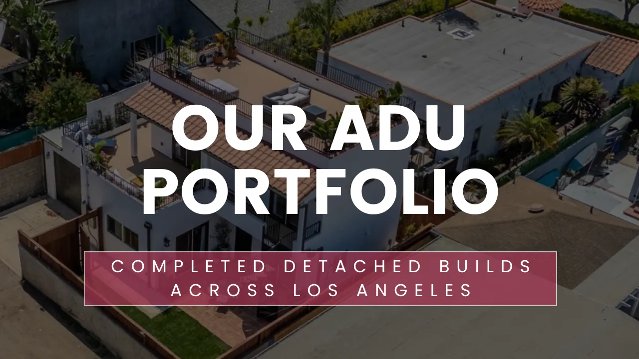 Completed detached ADU builds from the CALI ADU portfolio — Mediterranean two-story ADU with wraparound rooftop deck in West LA