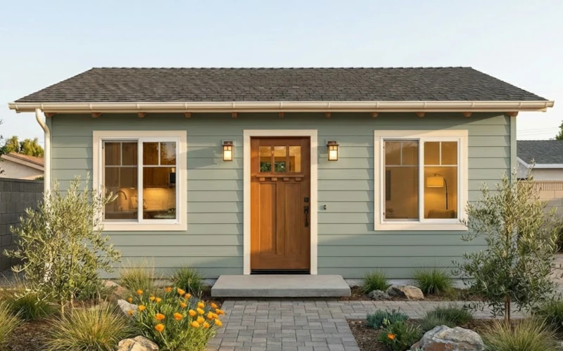 Completed CALI ADU Signature Home with HardiePlank lap siding gable roof and craftsman front door in Los Angeles