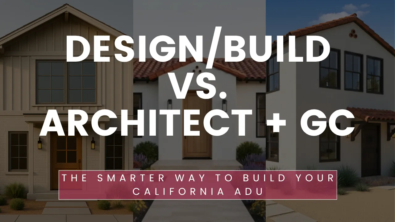 Split image showing an architect reviewing ADU blueprints on one side and a design-build team collaborating on site on the other