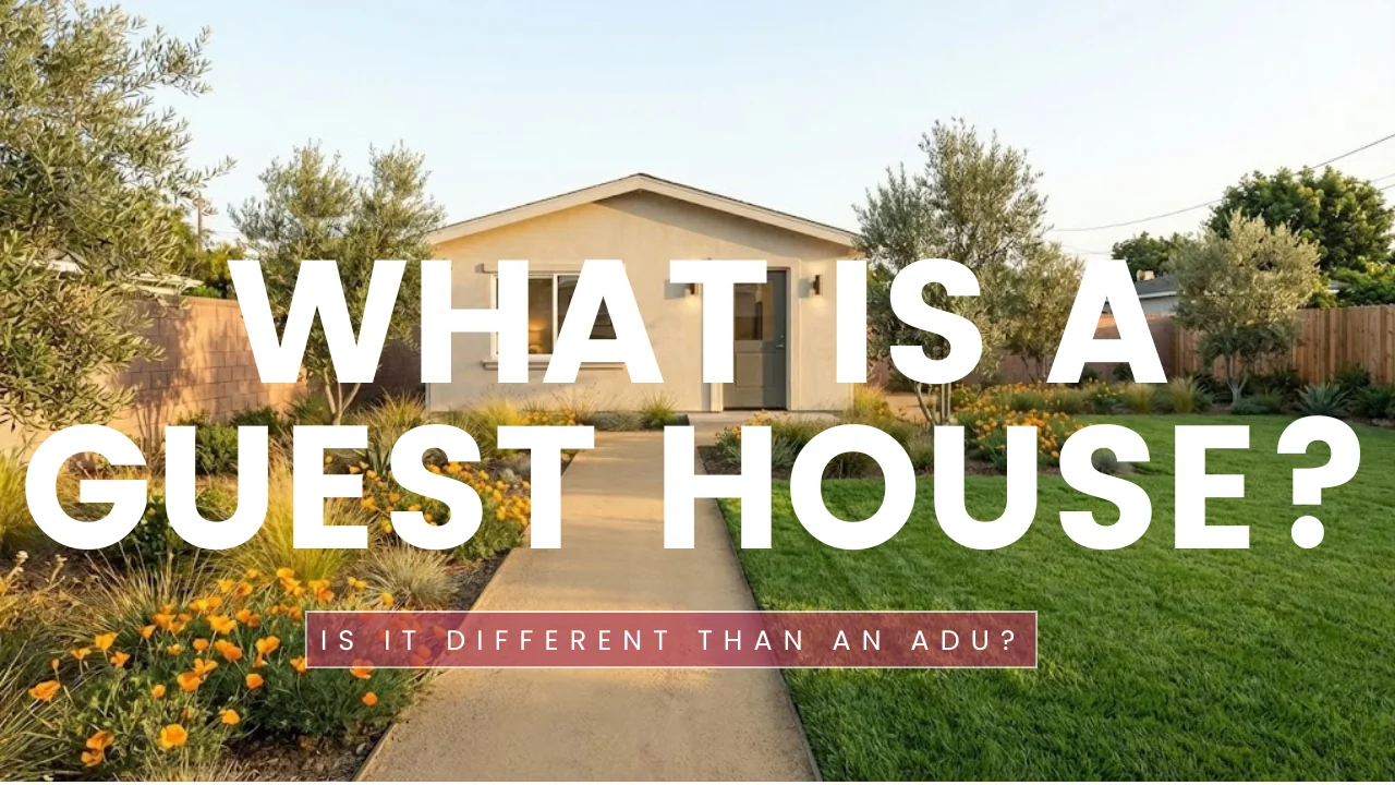 Backyard guest house ADU in Los Angeles — a detached 1-bedroom unit with full kitchen, private entrance, and Spanish-style exterior