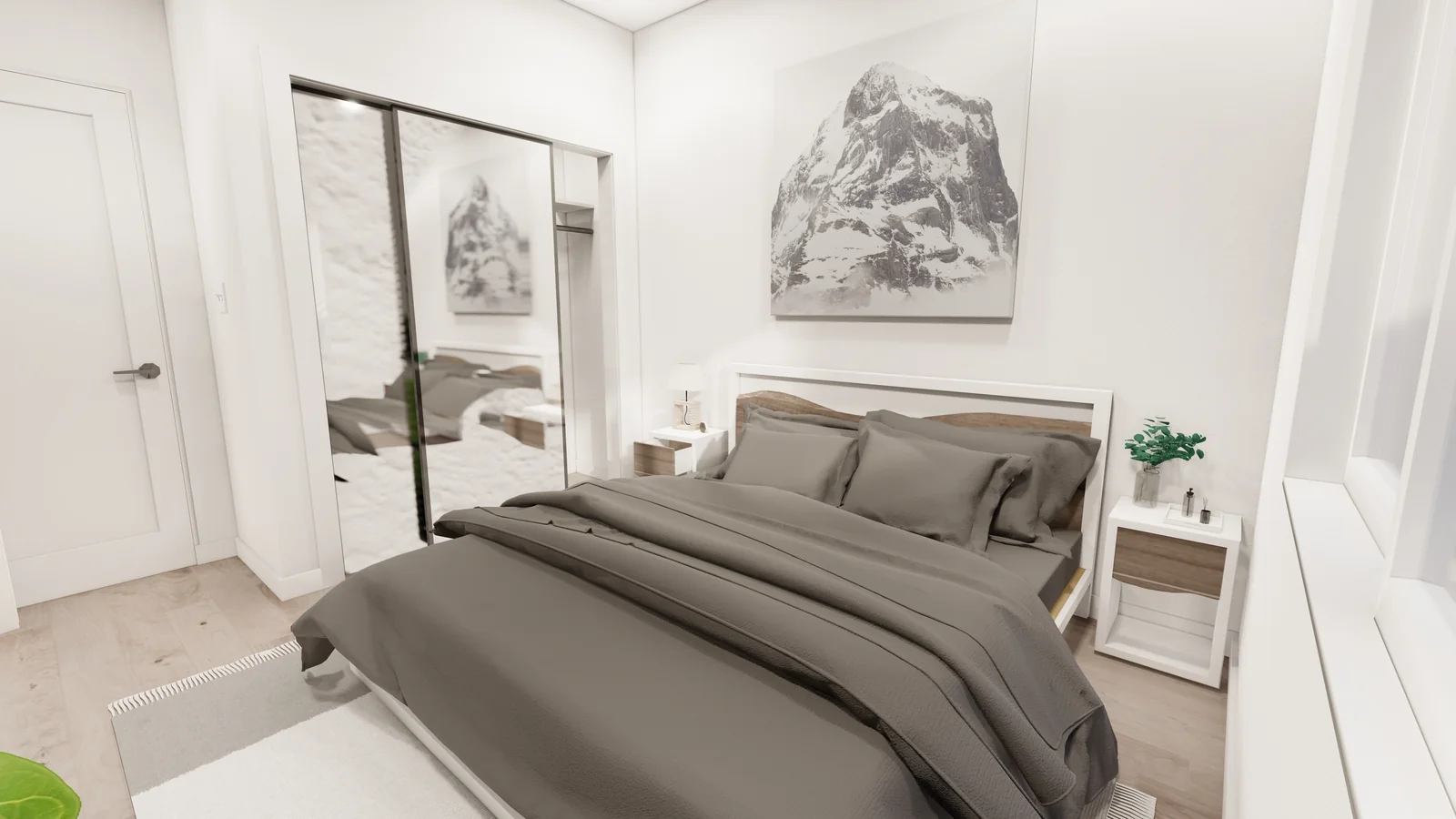 Bedroom with closet inside a CALI ADU duplex unit
