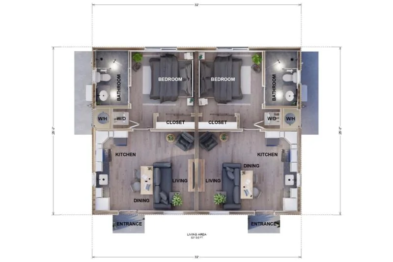 Floor plan of the CALI ADU side-by-side duplex: two mirrored 420 square foot units, each with bedroom, closet, bathroom, kitchen, living and dining areas, in-unit washer dryer and a separate entrance