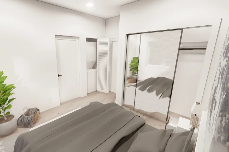 In-unit laundry and water heater closet in a CALI ADU duplex