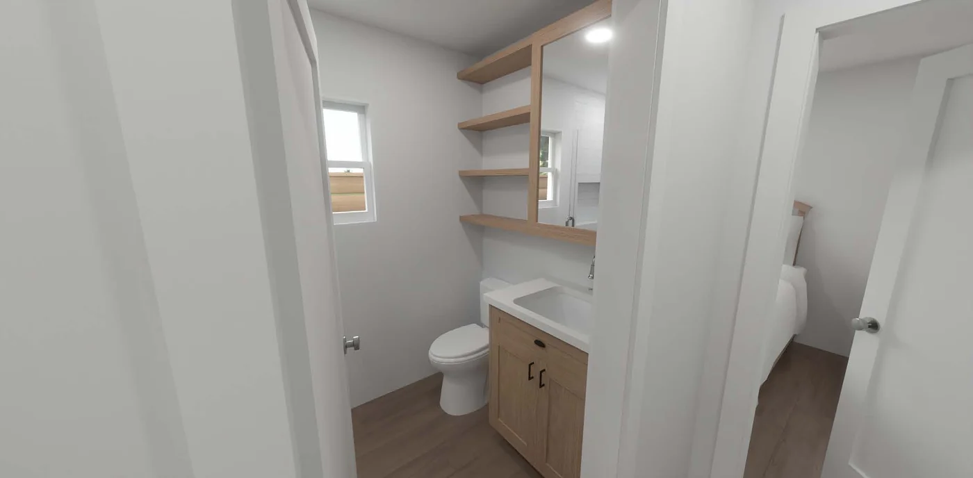 Full bathroom inside a CALI ADU stacked duplex unit
