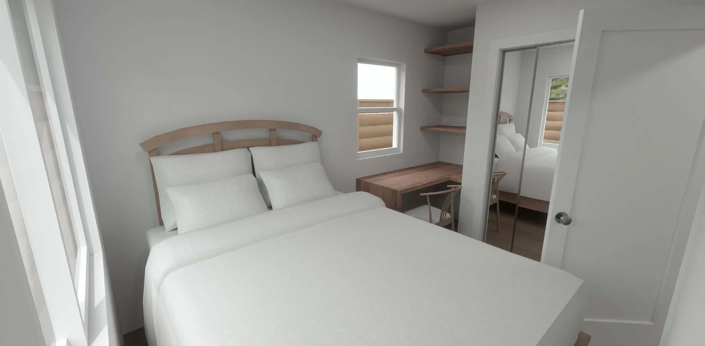 Bedroom inside a CALI ADU stacked duplex unit