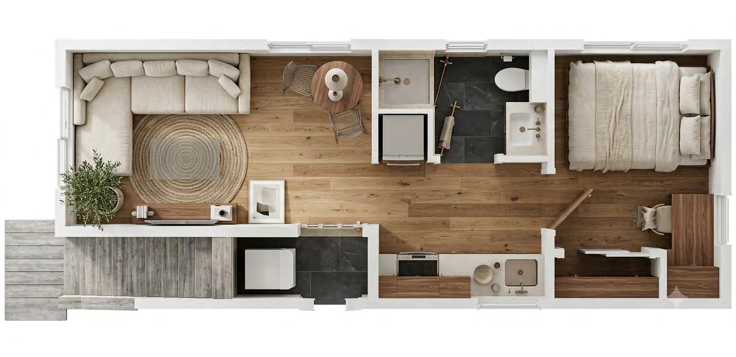 Floor plan of the CALI ADU stacked duplex ADU — a 361 square foot one-bedroom unit with living, dining, kitchen, bath and in-unit laundry. The first and second floor units have identical layouts.