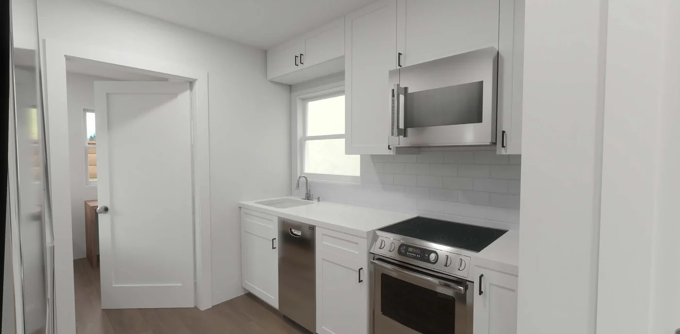 Kitchen with full-size range and dishwasher inside a CALI ADU stacked duplex unit