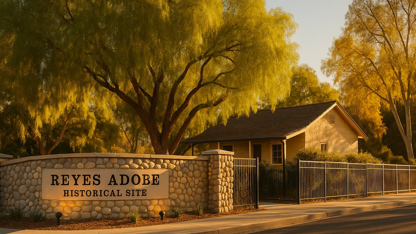 Building an ADU in Agoura Hills, CA with the Reyes Adobe Historical Site's stone entrance and mature pepper trees near established residential neighborhoods where CALI ADU designs, permits, and manages backyard ADUs.