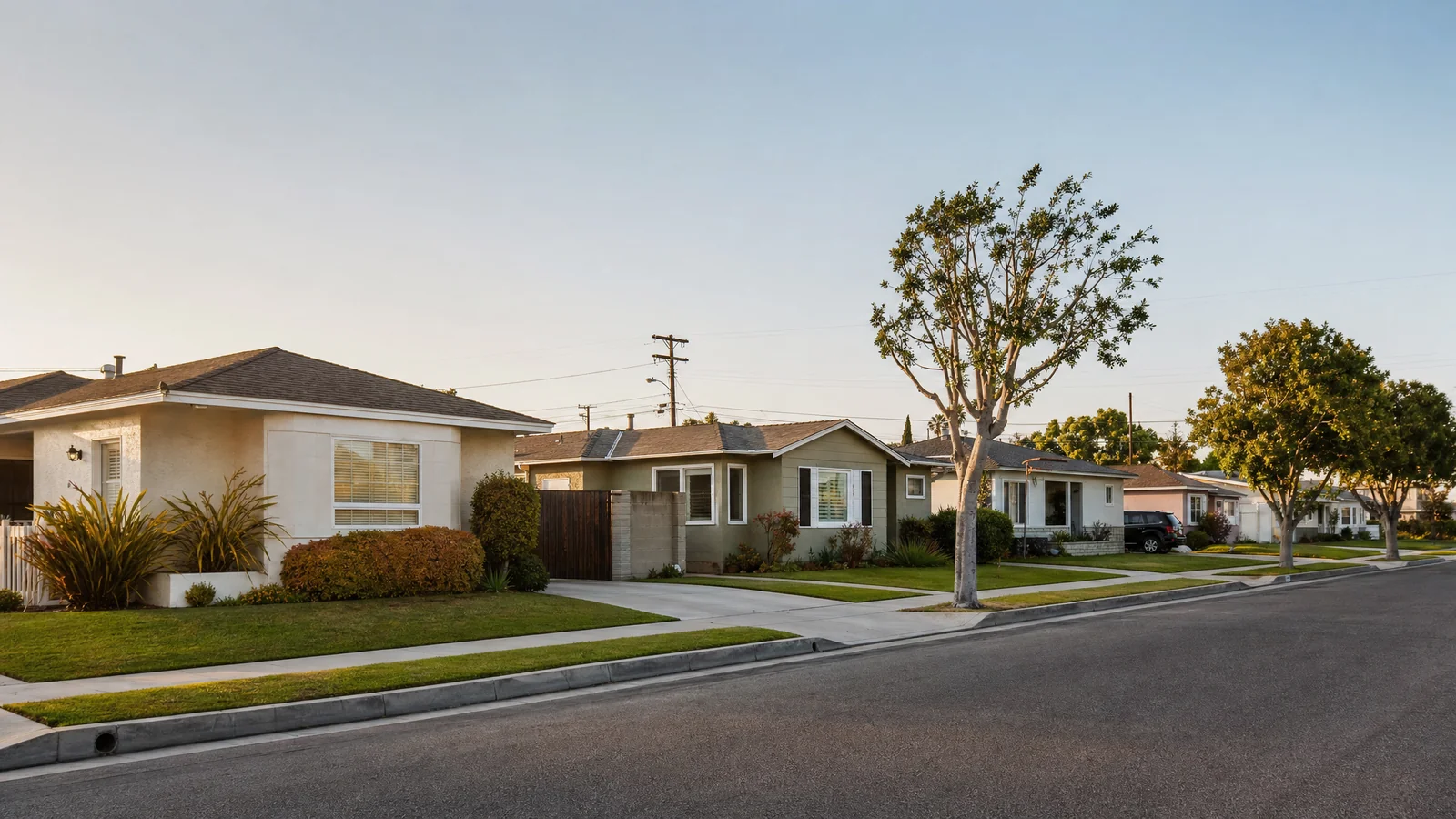 Building an ADU in Lawndale, CA — a flat South Bay residential street of single-storey stucco and ranch houses on narrow 50-foot lots, with driveways running back to the rear yards where CALI ADU designs and permits detached ADUs under LMC § 17.48.056