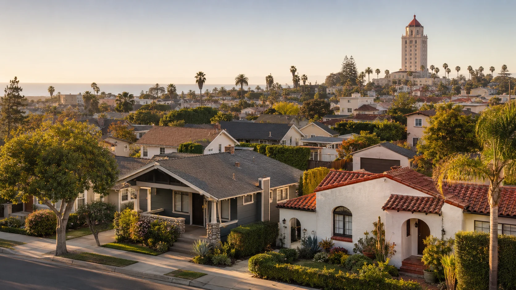 Sunset view across a Long Beach hillside neighborhood with California Bungalow and Spanish-style homes, the Villa Riviera tower silhouetted against the Pacific Ocean