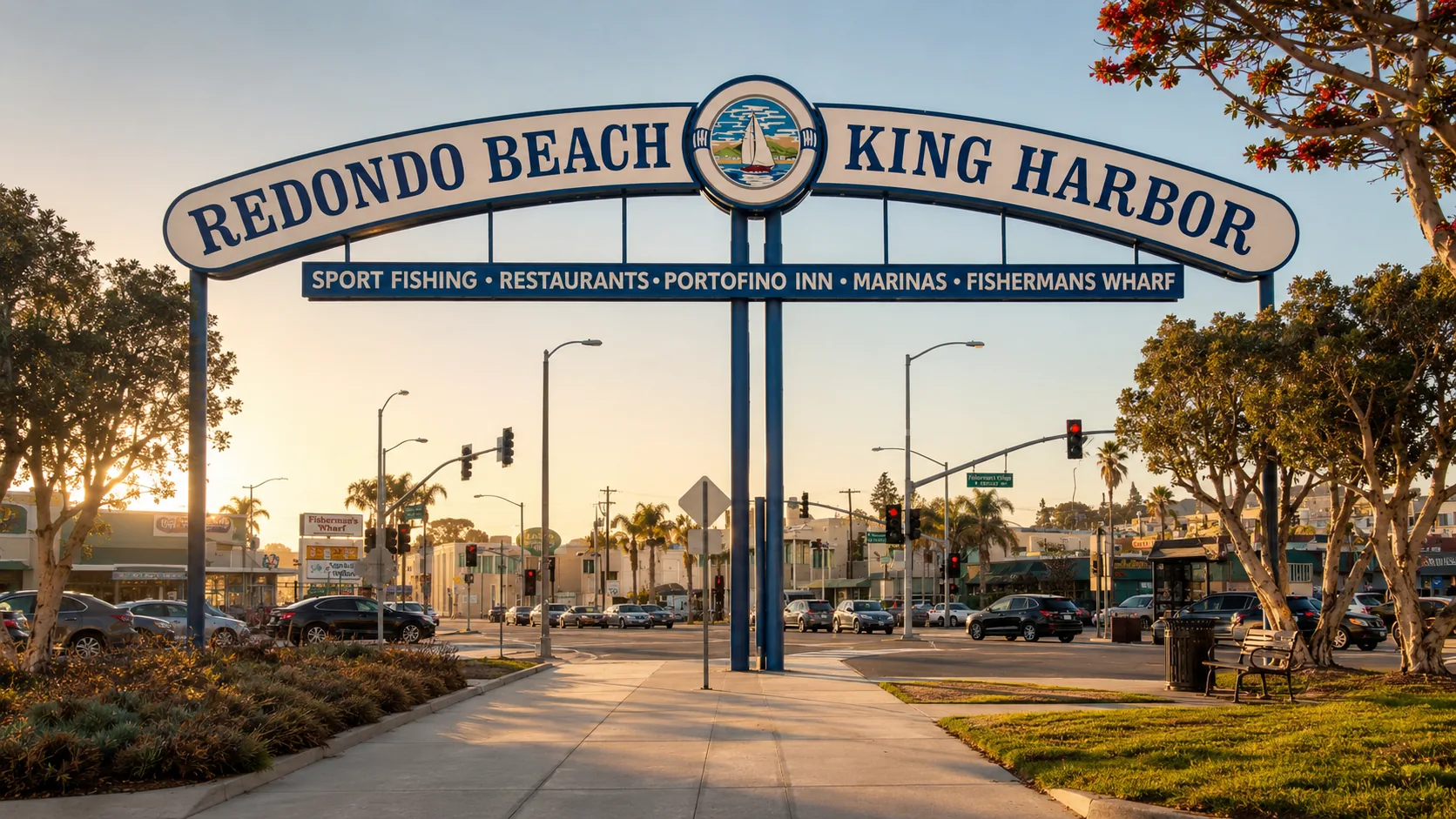 Redondo Beach ADU builder — the King Harbor welcome arch in the South Bay coastal city at golden hour, where CALI ADU builds fixed-price single-story Signature Homes under RBMC § 10-2.1506 and California Coastal Zone rules