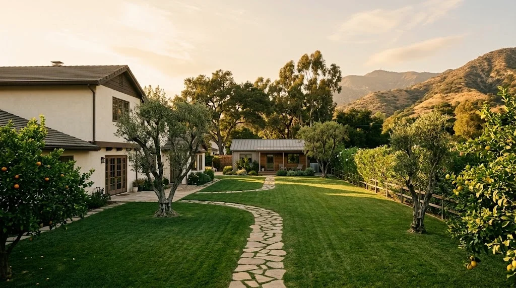 Building an ADU in Tarzana, Los Angeles — Spanish-style and ranch homes on deep gated lots beneath the Santa Monica Mountains, where CALI ADU permits backyard Signature Home ADUs through LADBS under LAMC § 12.22.A.33
