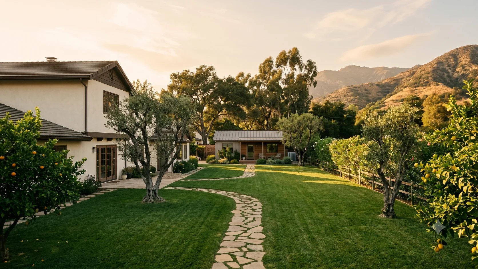 Building an ADU in Woodland Hills, Los Angeles — ranch homes on quarter-acre lots under valley oaks with the Santa Monica Mountains behind, where CALI ADU permits backyard Signature Home ADUs through LADBS under LAMC § 12.22.A.33