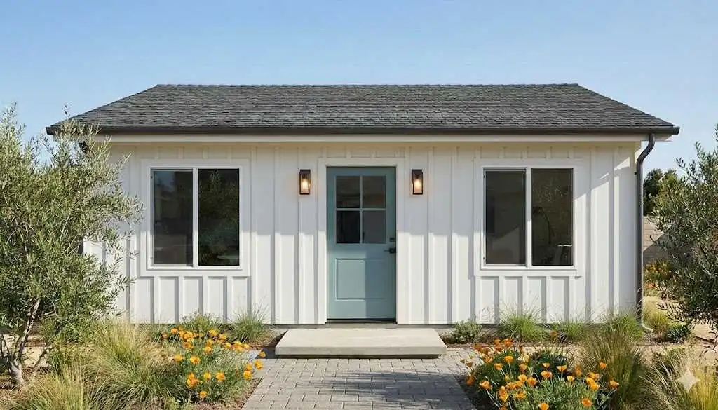 The Laurel Canyon — 660 sqft 2BR cottage ADU in modern farmhouse variant with board-and-batten siding and gable roof