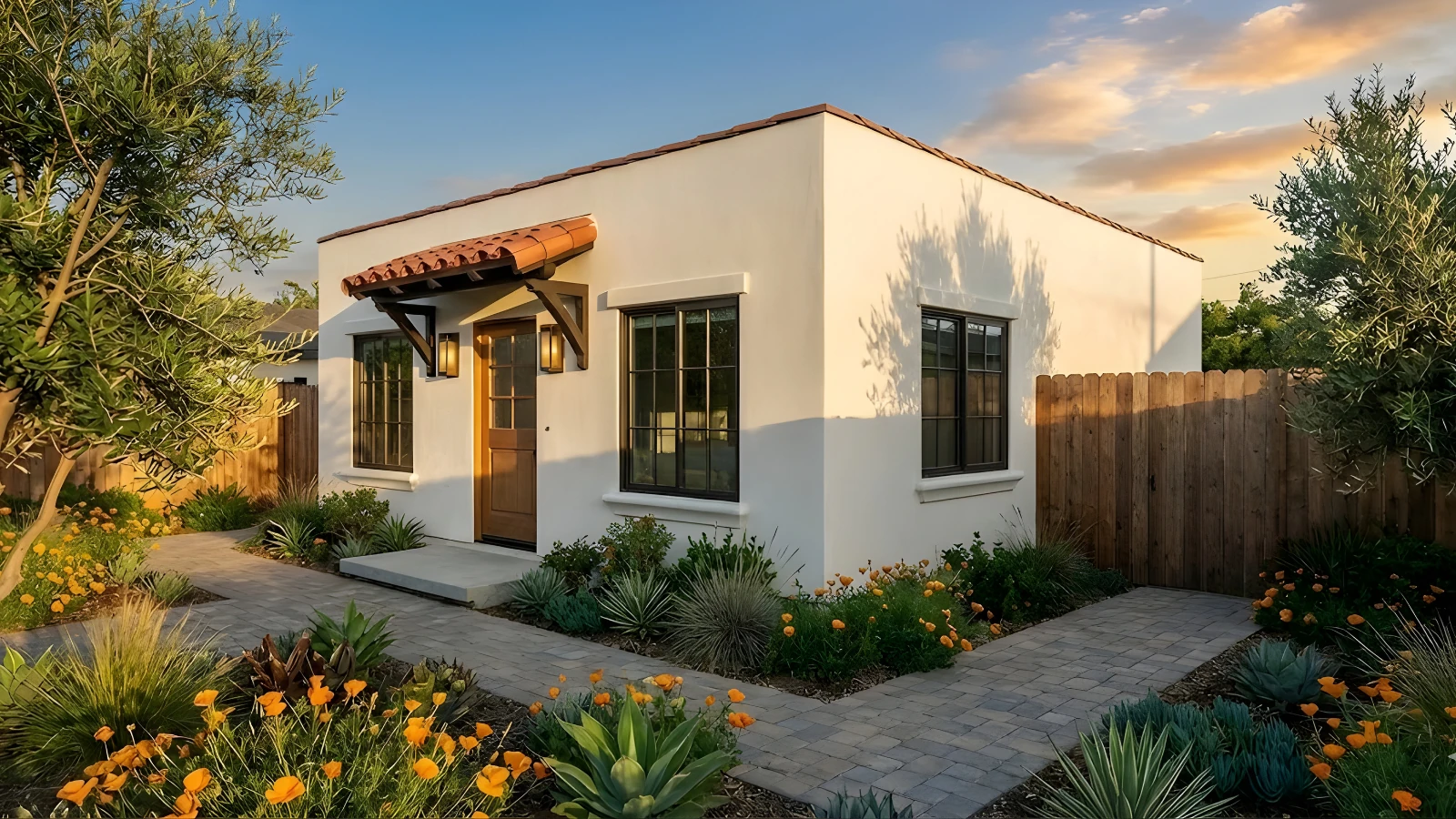 The Laurel Canyon Signature Home in a Spanish flat-roof style — a 660-square-foot two-bedroom single-story ADU that fits Hawthorne's 800-square-foot lot-coverage break under HMC § 17.21.060