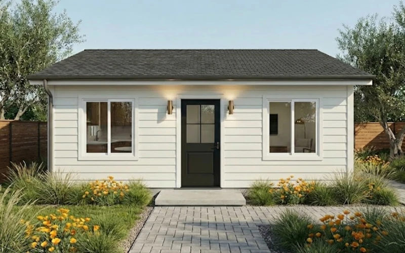 The Laurel Canyon Signature Home ADU — 2 BR / 1 BA, 660 sqft single-story, traditional gable exterior, $289,000 all-inclusive — fits South Pasadena historic-property limits