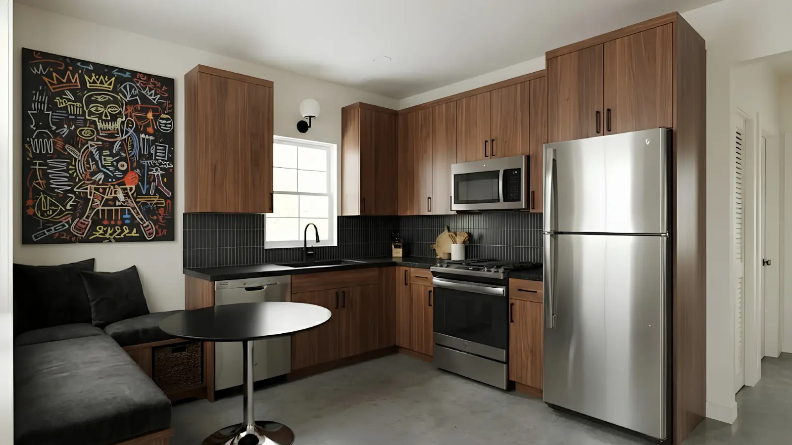 The Laurel Canyon Signature Home ADU kitchen — 660 sqft two-bedroom single-story plan that stays under the 750 sqft impact-fee exemption in Gov. Code § 66311.5(c)(1) on an Agoura Hills lot
