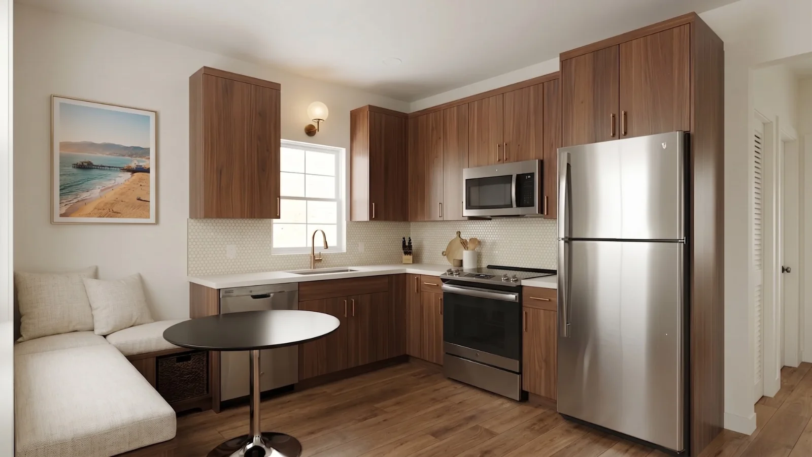 The Laurel Canyon Signature Home ADU kitchen — 660 sqft two-bedroom single-story plan that stays under the 750 sqft impact-fee exemption in Gov. Code § 66311.5(c)(1) on a Lomita lot