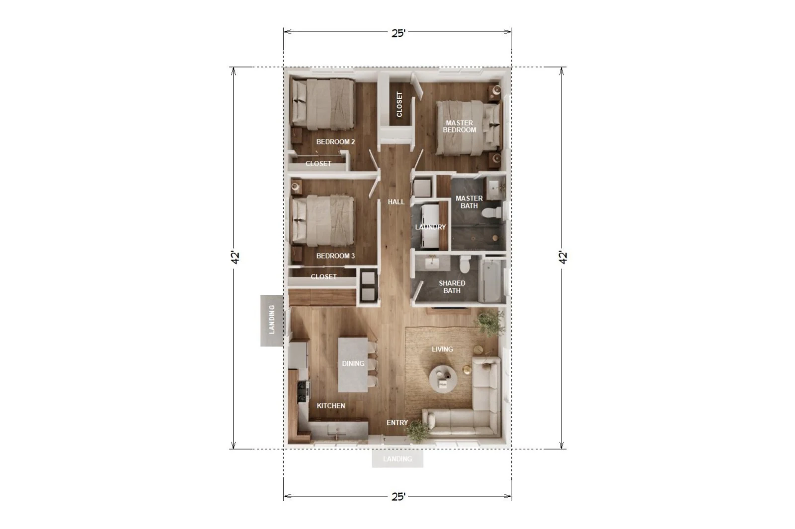Floor plan of the Lincoln Signature Home — a 1,000 sqft three-bedroom single-story ADU, the largest single-level unit that fits La Mirada's 16-ft detached state-floor height limit and the 1,000-sqft state size floor under Gov. Code § 66321