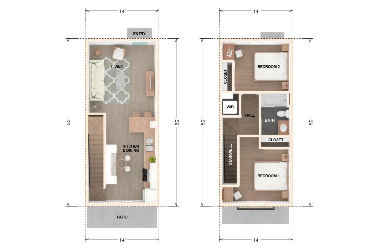 Floor plan of the Lincoln Signature Home — a 1,000 sqft three-bedroom, two-bath single-story ADU sized to Temple City's 1,000-square-foot ceiling for two-plus-bedroom units