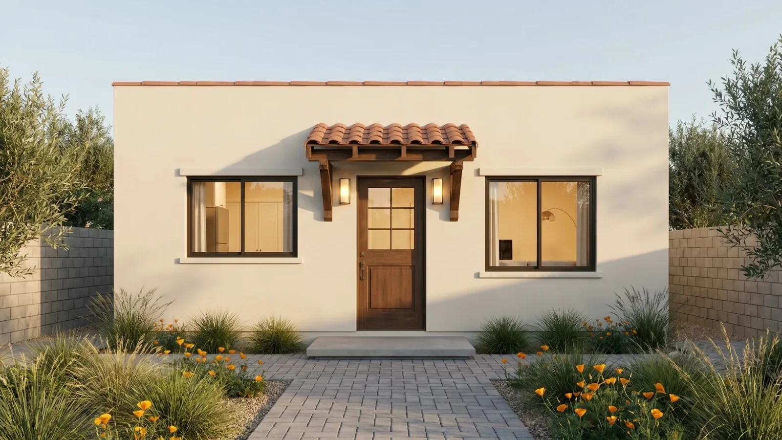 The Lincoln Signature Home ADU — 3 BR / 2 BA, 1,000 sqft, Spanish flat-roof exterior — fits Glendale's 1,000 sqft ADU cap per GMC § 30.34.080 and the city's Mediterranean character