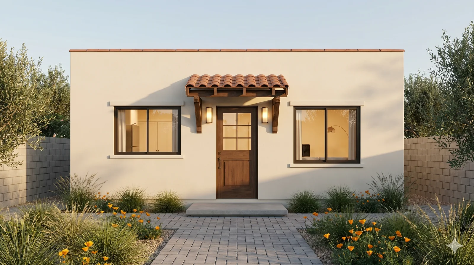 The Lincoln Signature Home ADU — 3 BR / 2 BA, 1,000 sqft, Spanish flat-roof exterior — fits Santa Clarita's 1,000 sqft 2+BR detached cap per SCMC § 17.57.040 and the city's master-planned Mediterranean architectural character