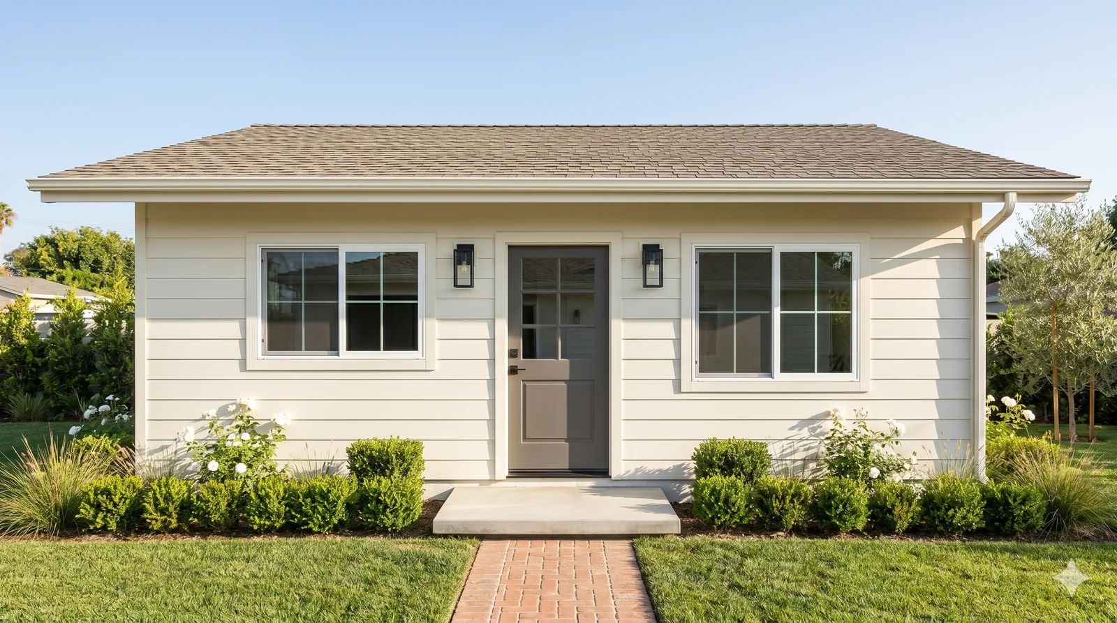 The Lincoln Signature Home in warm traditional variant — 1,000 sqft 3BR/2BA single-story flagship with wood-tone siding, white trim, and gable roof, a fit for Manhattan Beach Tree Section bungalow blocks and Hill Section streets