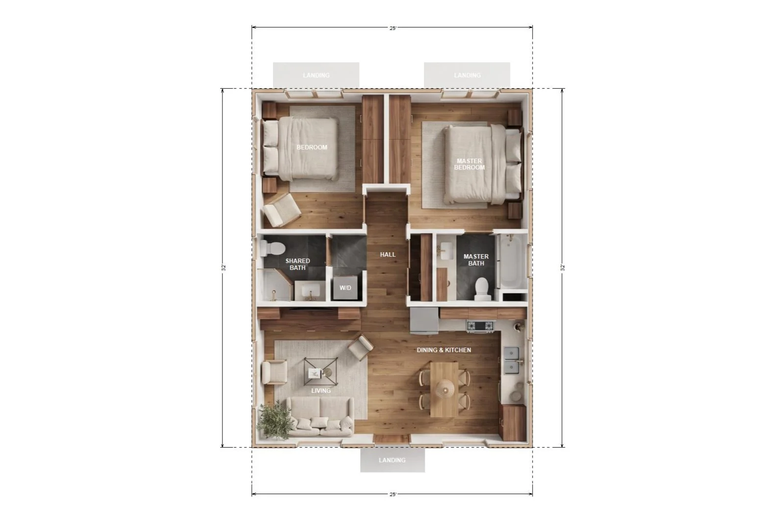 Floor plan of the Melrose Signature Home — an 800 sqft two-bedroom single-story ADU that lands exactly on the protected 800-sqft envelope Artesia Municipal Code § 9-2.4506 guarantees regardless of lot coverage