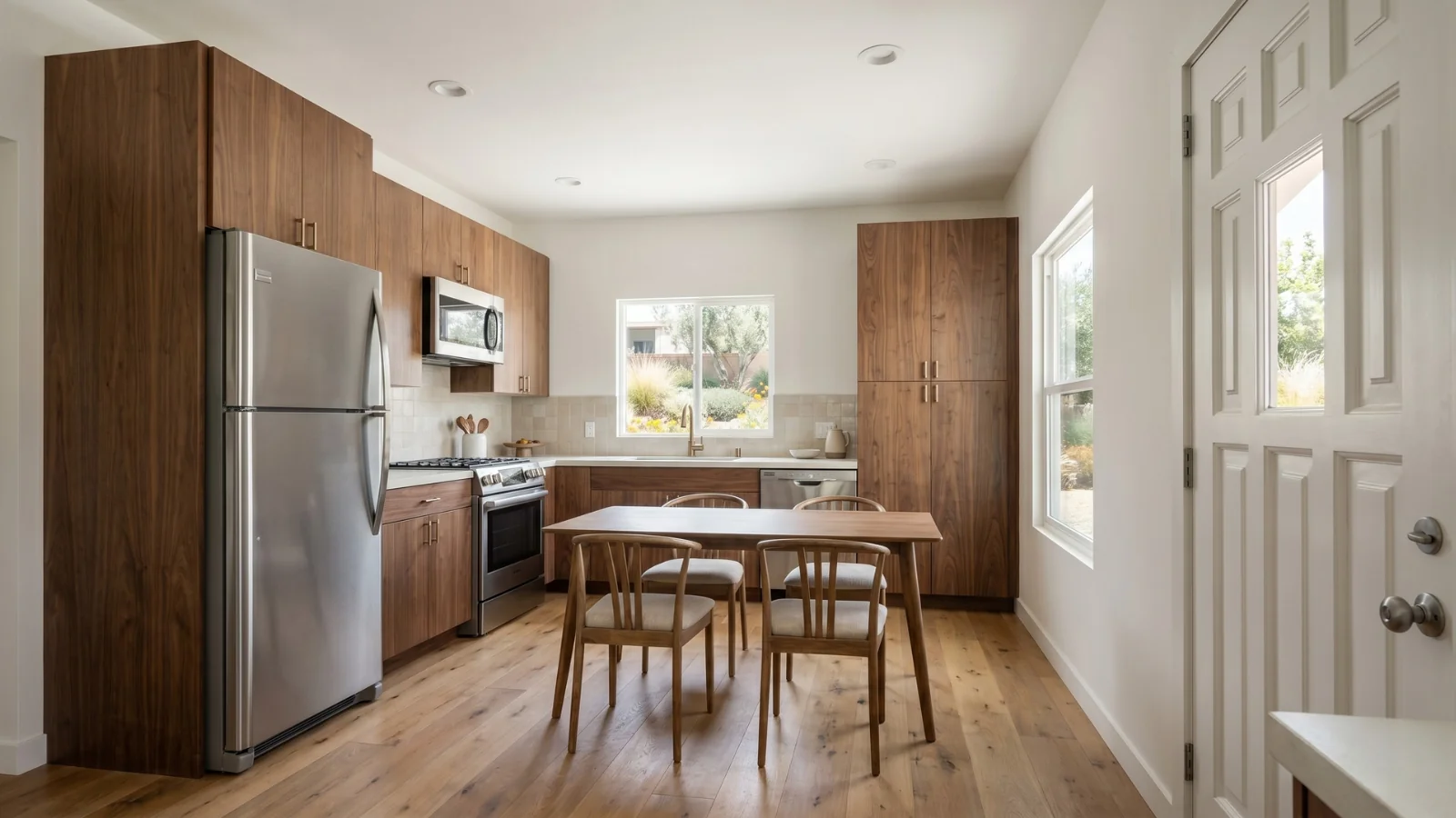 Warm modern kitchen of the Melrose Signature Home — an 800 sqft two-bedroom, two-bath single-story ADU sized to Temple City's protected 800-square-foot envelope