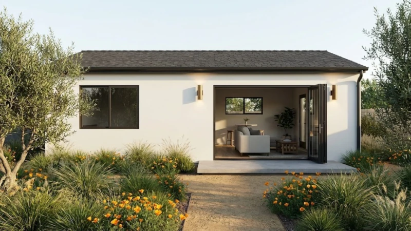 The Sunset Signature Home — a 480-square-foot one-bedroom detached ADU, the compact single-story footprint that fits most Inglewood rear yards inside the state-law 800-square-foot envelope