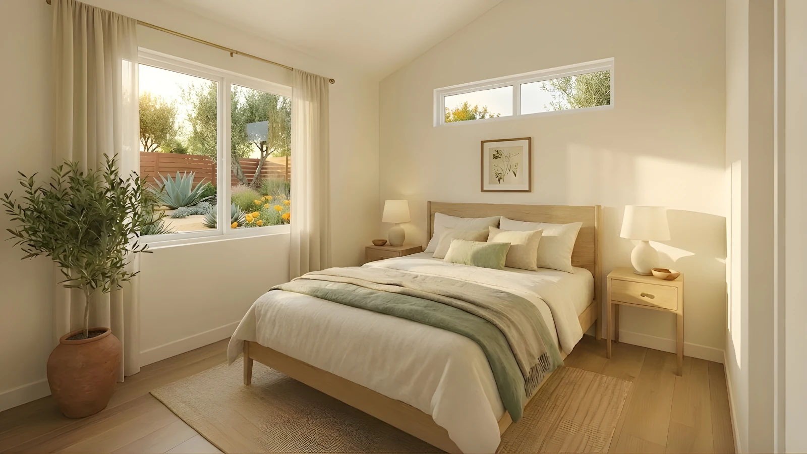 The Sunset 1-bedroom ADU bedroom — king-bed capable with nightstand clearance on both sides