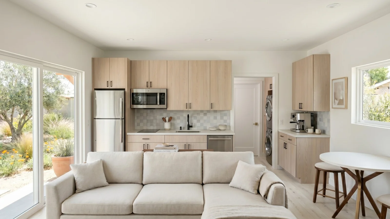 Interior of the Sunset Signature Home — a 480 sqft one-bedroom single-story ADU that clears Artesia's 16-ft detached envelope and stays under the 750-sqft impact-fee exemption in Gov. Code § 66311.5