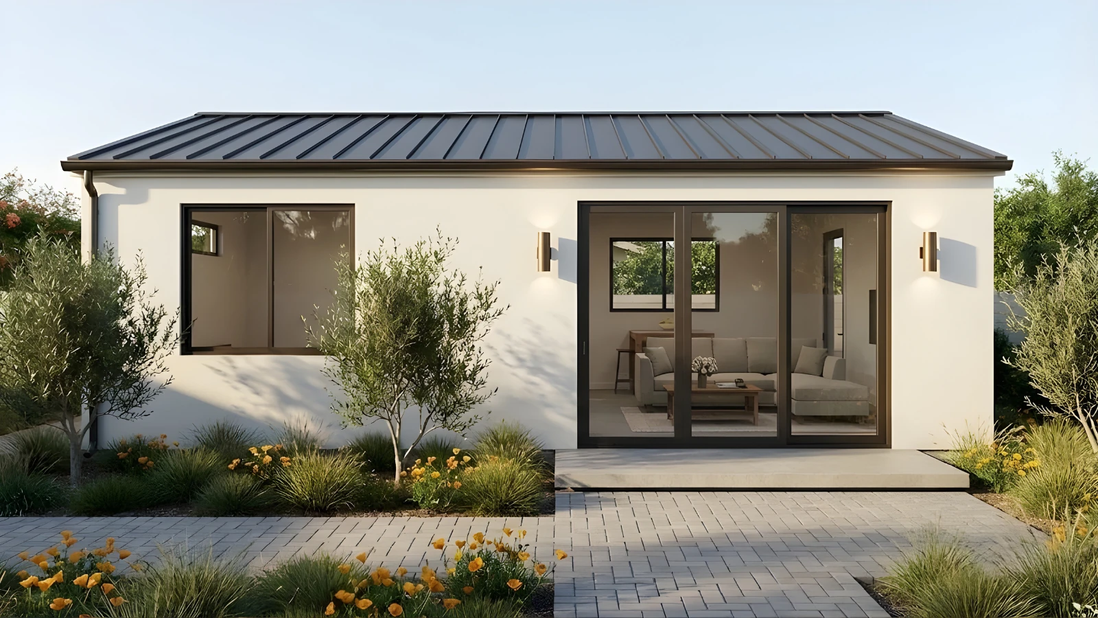 The Sunset Signature Home — 480 sqft 1BR ADU with clean modern facade, a fit for Hermosa Beach residential lots north of the Pier or east of PCH that can accommodate a detached Signature Home within the 800-sqft state-law envelope