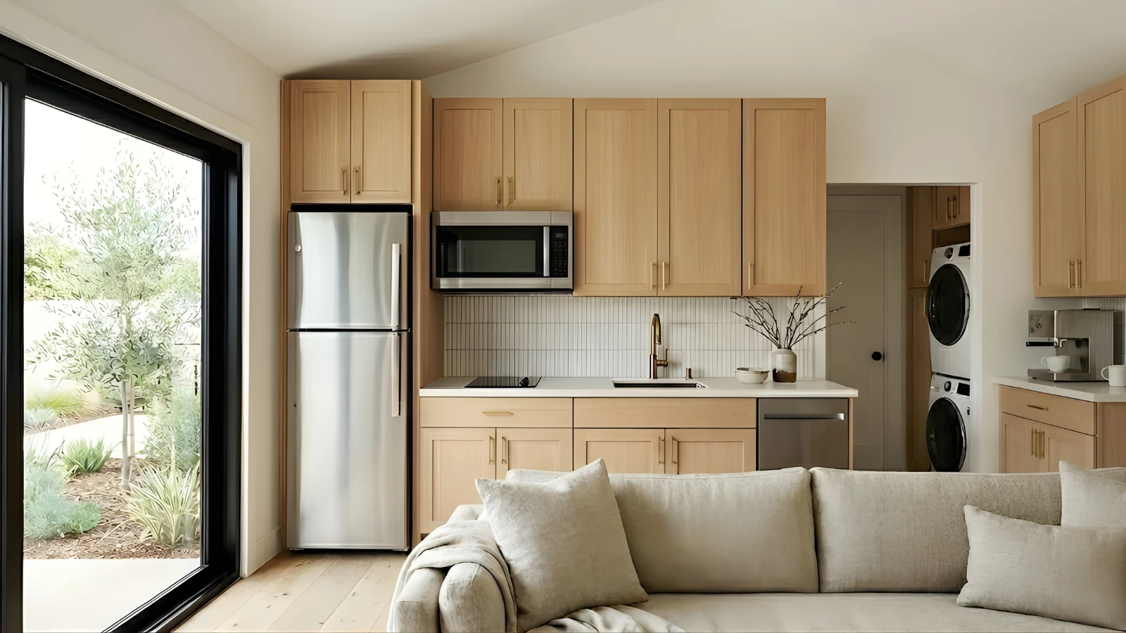 The Sunset 1-bedroom ADU kitchen — full-size appliances, Bedrosians quartz countertops, solid wood slab cabinetry