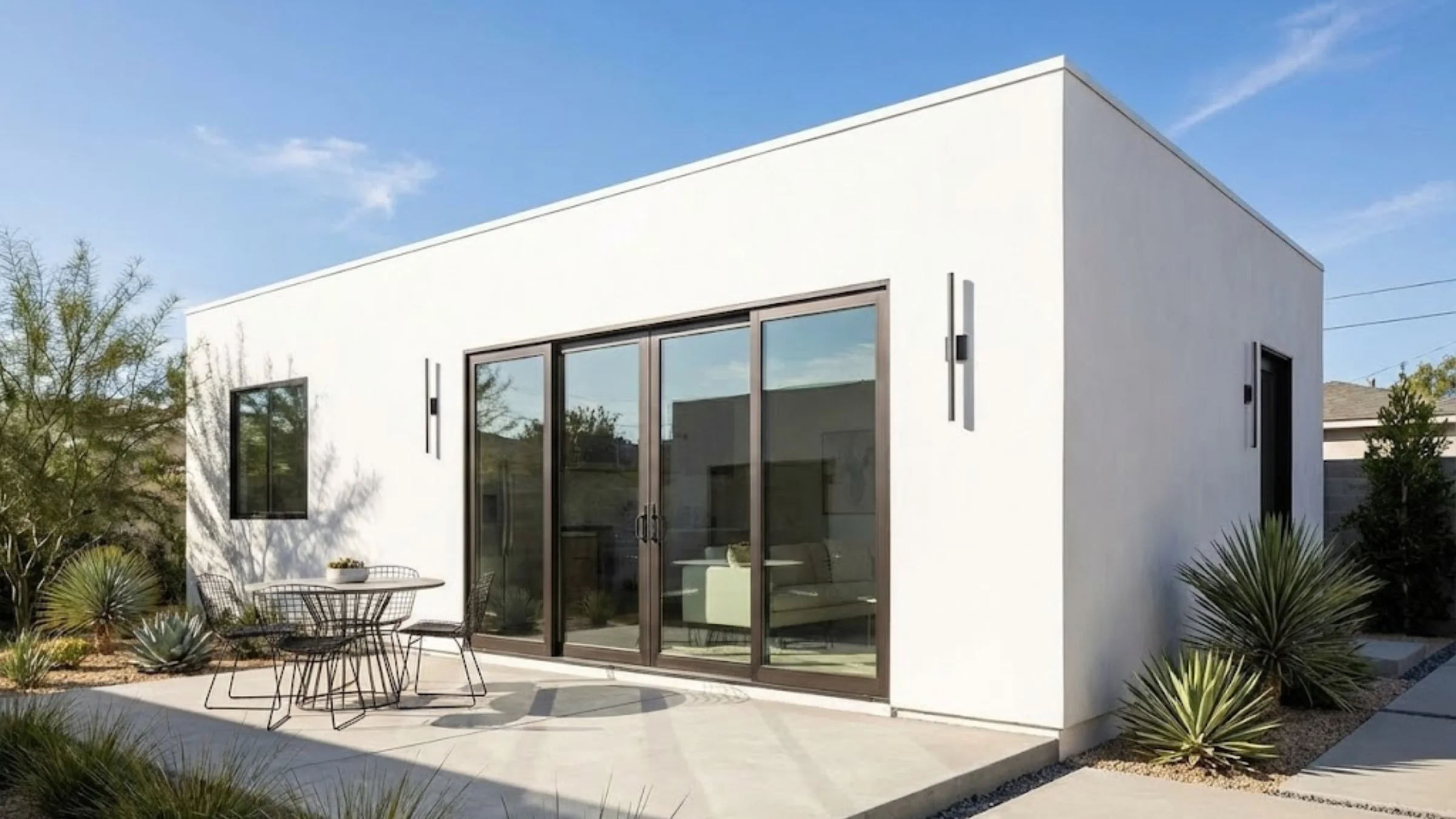 The Sunset Signature Home — 1 BR, 480 sqft, modern flat-roof exterior — coastal modern aesthetic for Santa Monica lots