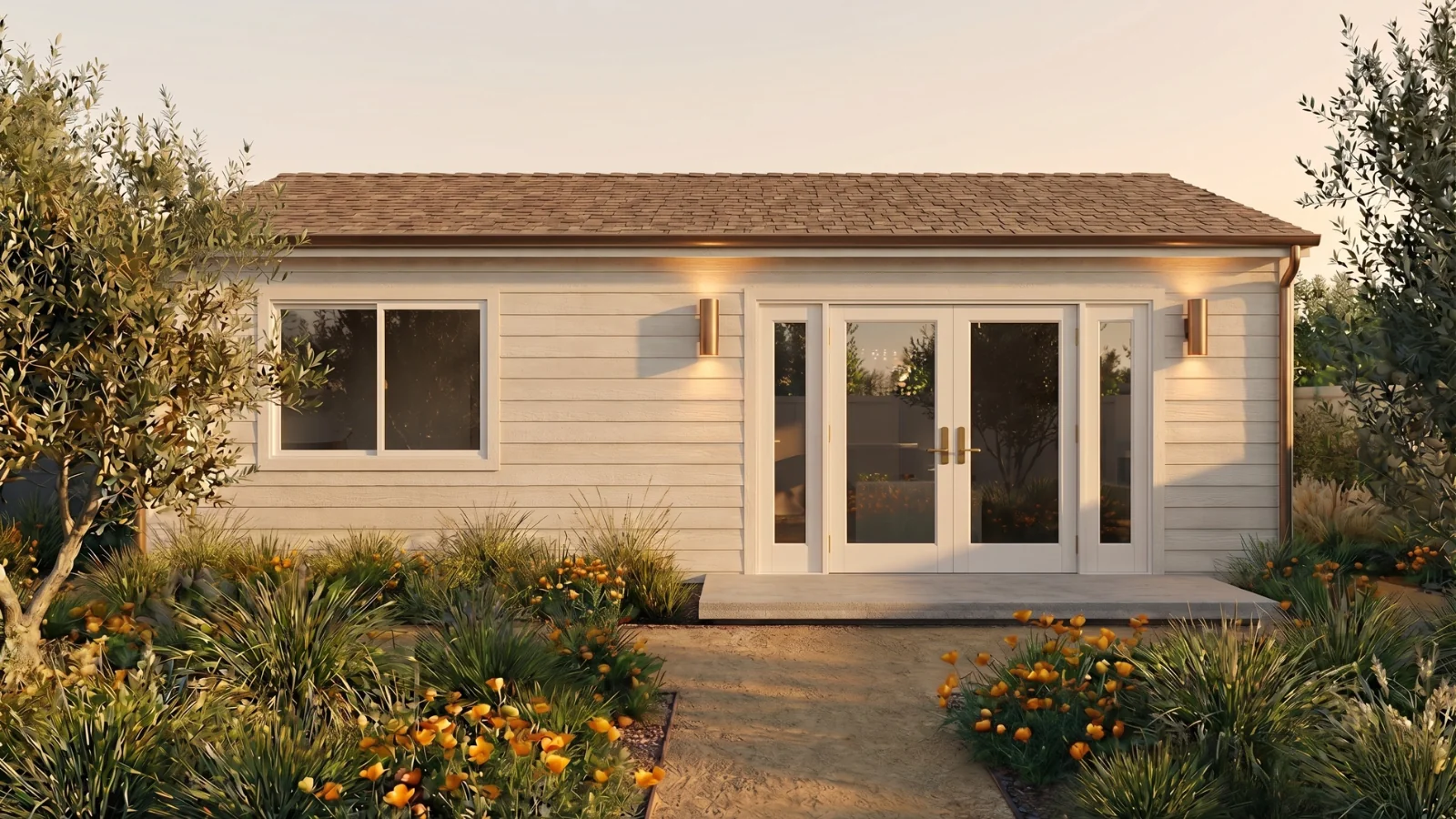 The Sunset Signature Home — 1 BR, 480 sqft, traditional gable exterior — fits the Burbank Valley starter aesthetic
