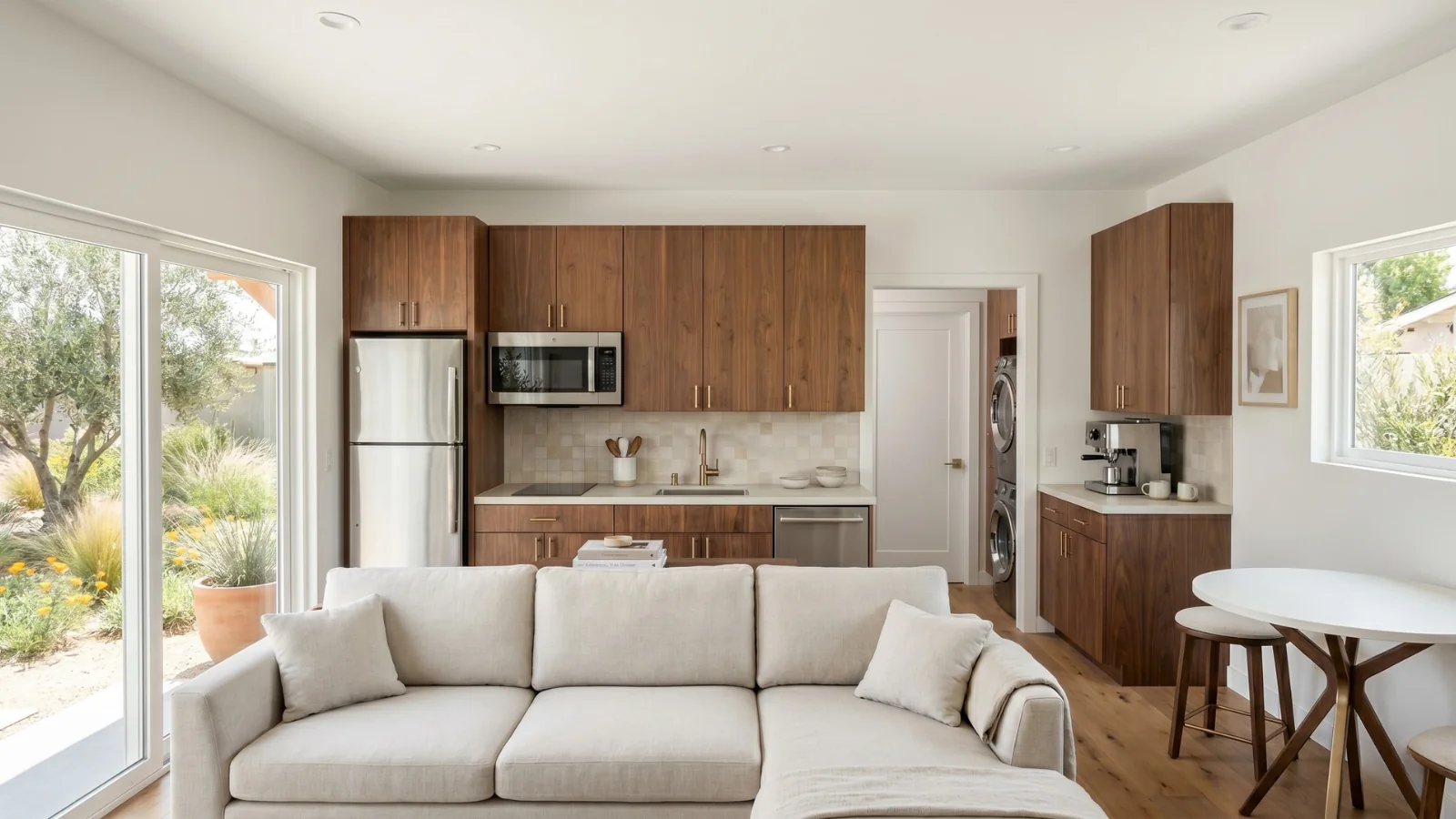 The Sunset Signature Home ADU kitchen — 480 sqft one-bedroom single-story plan sized to hold Agoura Hills' 4-ft side and rear setbacks under AHMC § 9283.3(G) with room to spare