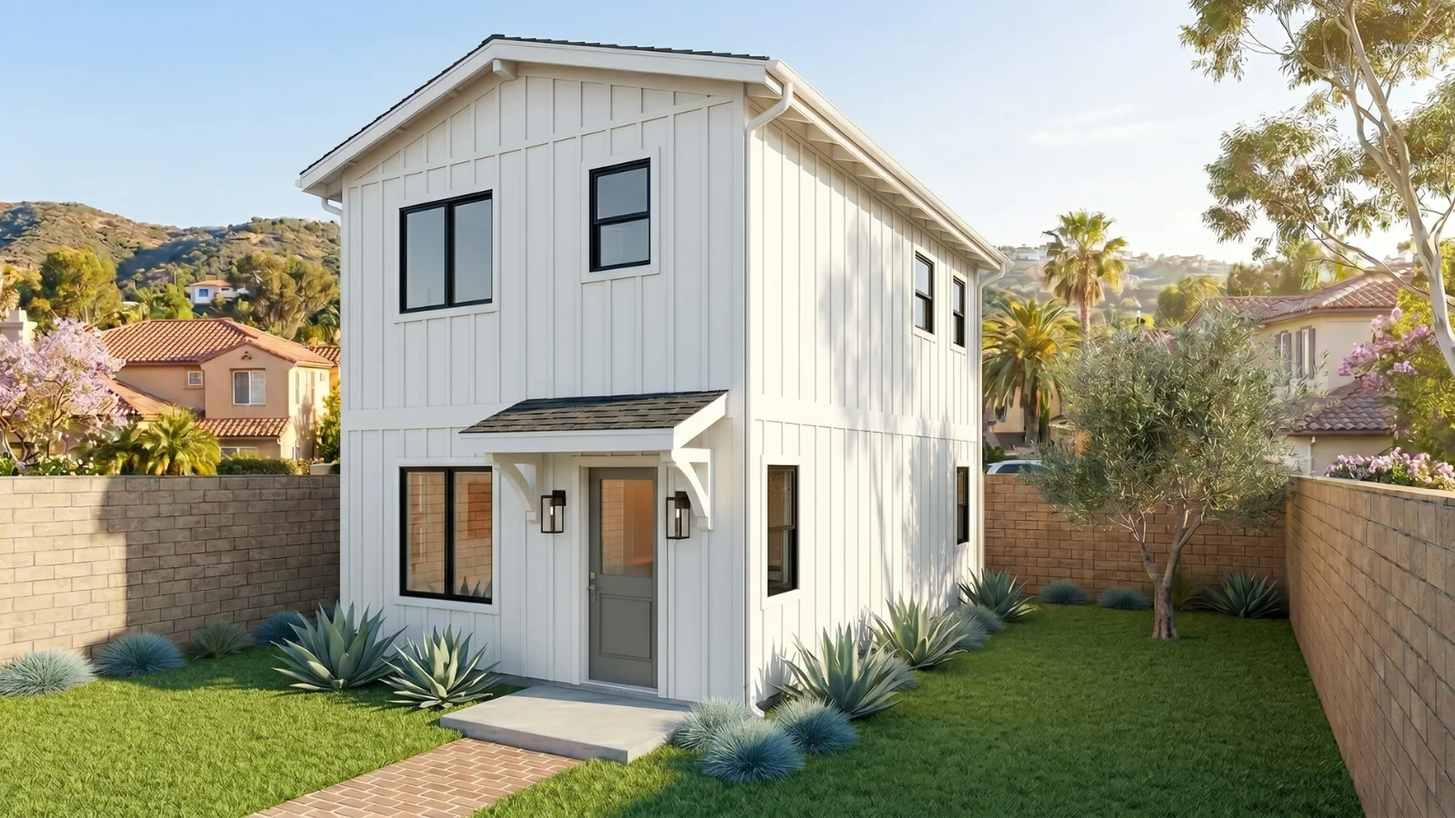 The Venice Signature Home — a detached two-story 2BR/2BA 1,080 sqft ADU in a modern-farmhouse exterior, buildable in a Lakewood rear yard under the 35-ft height allowance at LMC § 9302.21a(D)(4)