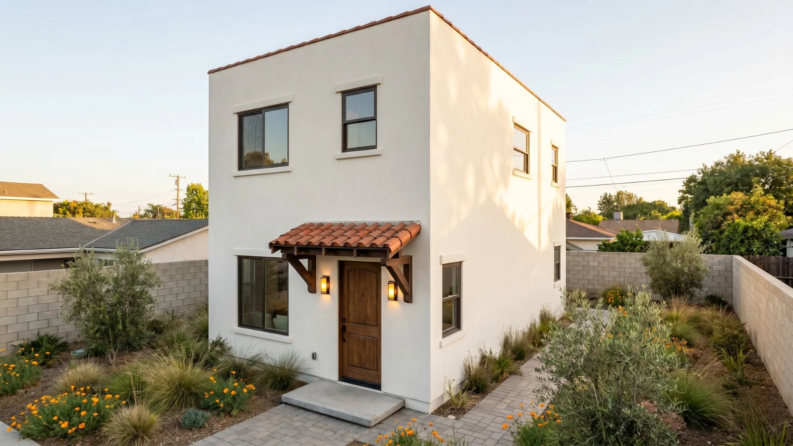 The Venice ADU — Spanish exterior with sand stucco, clay-tile parapet cap, and wood door