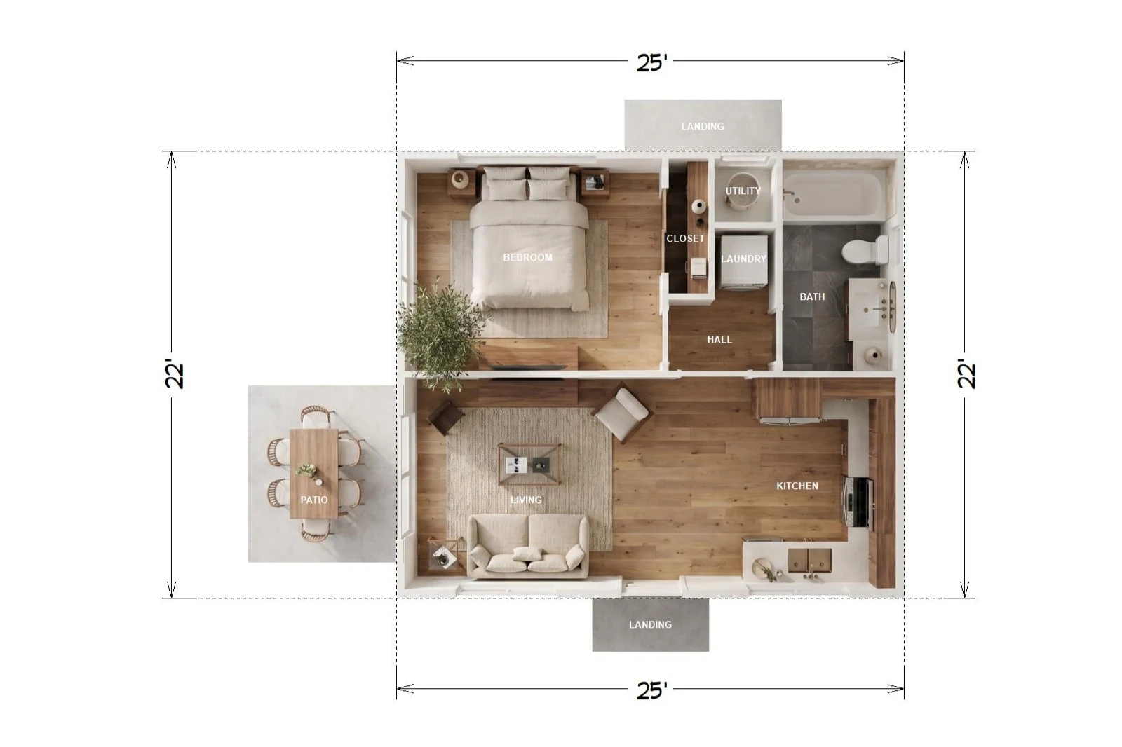 The Westwood 1-bedroom ADU floor plan — 550 sqft, 1 bed, 1 bath, dedicated living room separate from kitchen and dining