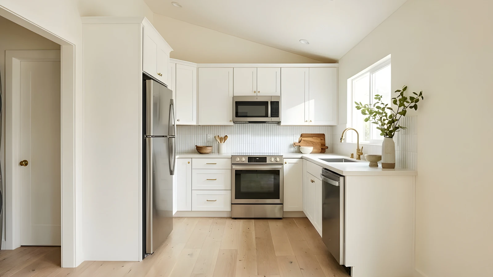 The Westwood 1-bedroom ADU kitchen — full-size appliances and a galley layout that lets the dining table breathe