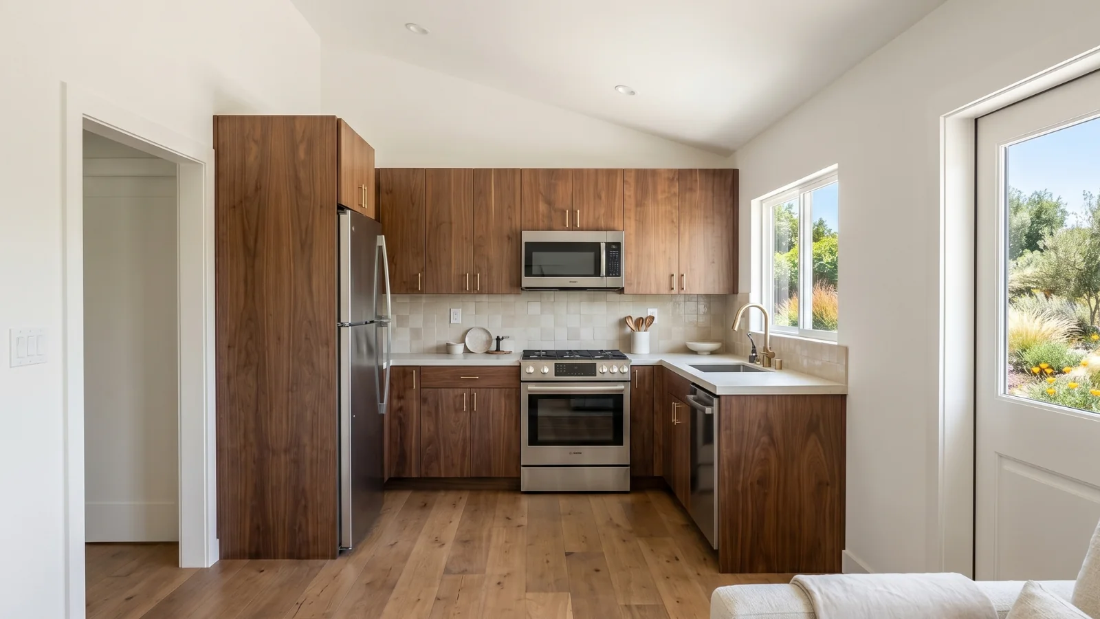 The Westwood Signature Home ADU kitchen — 550 sqft one-bedroom single-story plan that holds Lomita's 4-ft side and rear setbacks under Ordinance No. 854 with room to spare
