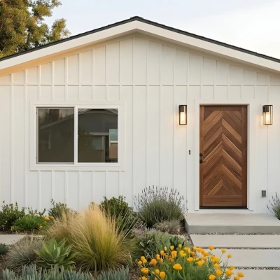 The Wilshire Signature Home — a 400-square-foot studio detached ADU, the compact single-story footprint that clears Hawthorne's 4-foot rear-yard setbacks under HMC § 17.21.060