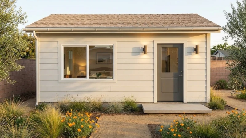 The Wilshire Signature Home — 400 sqft Studio/1BA, warm horizontal siding exterior — fits Trousdale Estates' 850 sqft studio cap