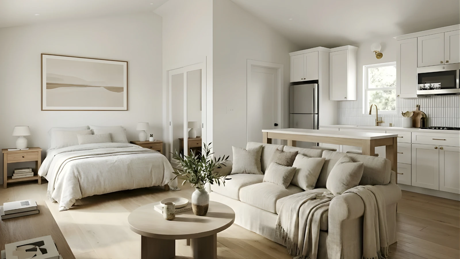 The Wilshire studio ADU interior — open living and kitchen