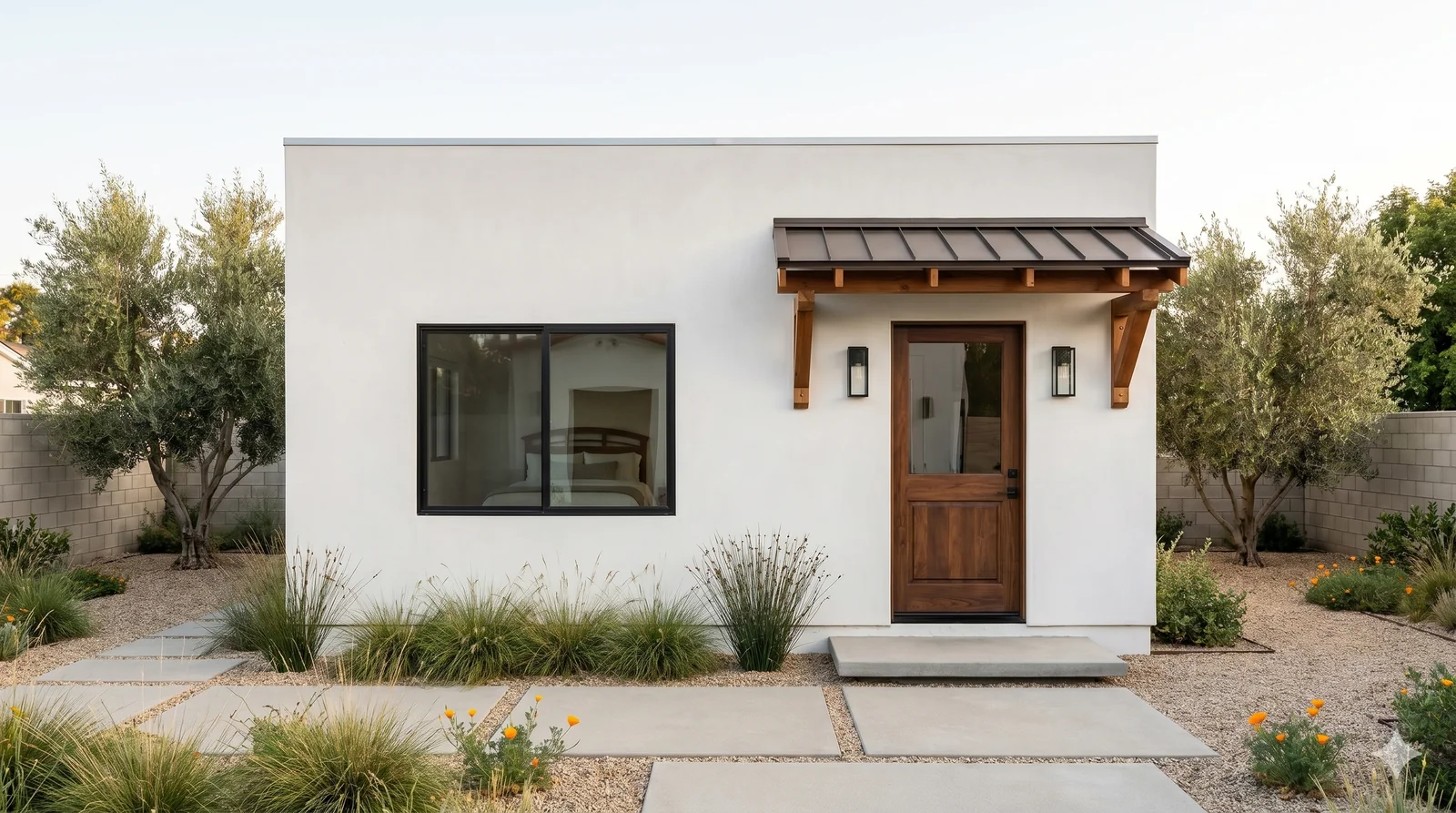 The Wilshire Signature Home in modern flat-roof variant — 400 sqft studio with smooth stucco siding and clean parapet