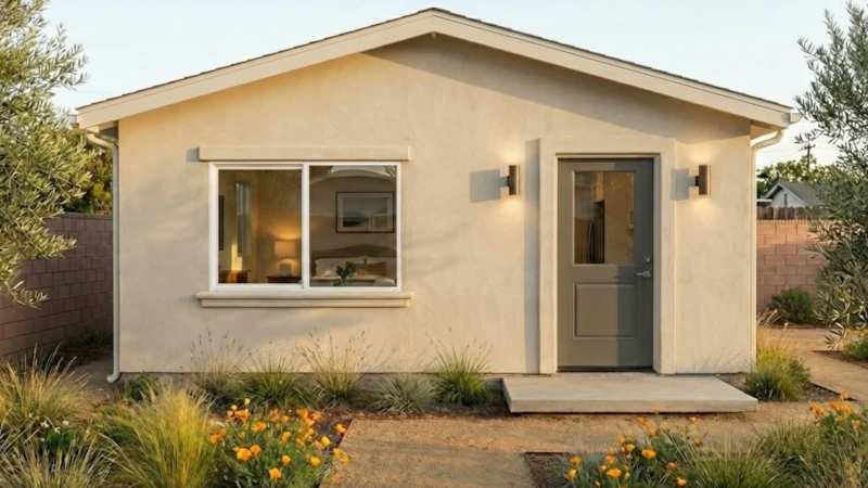 The Wilshire Signature Home — 400 sqft Studio/1BA, stucco gable exterior — designed for compact Culver City lots