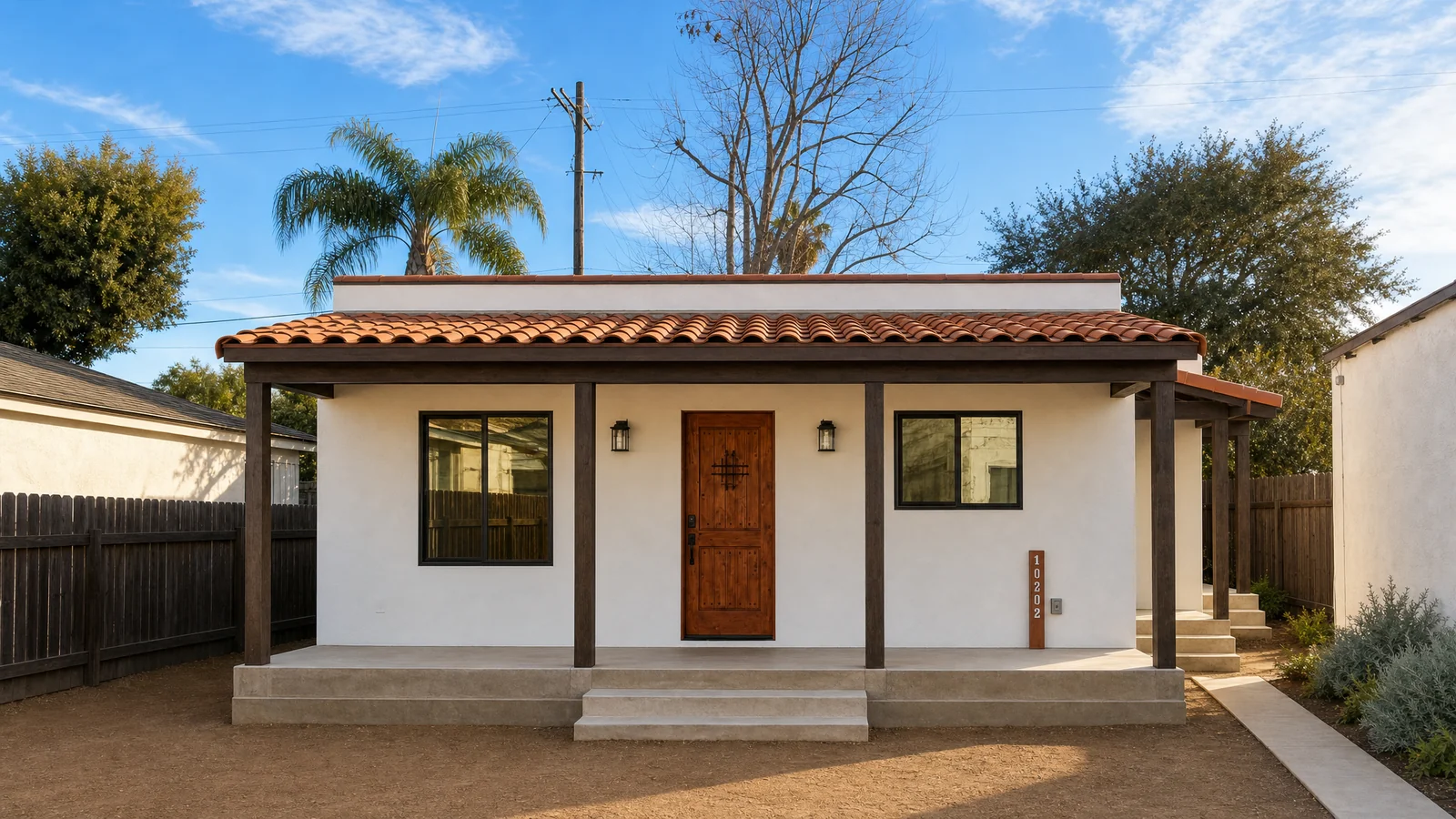 Van Nuys detached ADU — Spanish-style front elevation with terracotta barrel-tile porch roof, white stucco, dark timber porch posts, and a knotty-alder entry door